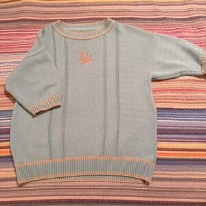 Vintage Light Blue Embroidered Floral Knit Sweater 3/4 Sleeve Pullover Top Women
